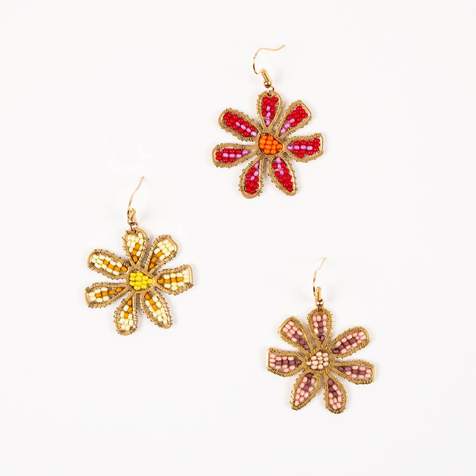 Altiplano - Beaded Daisy Earrings: Red