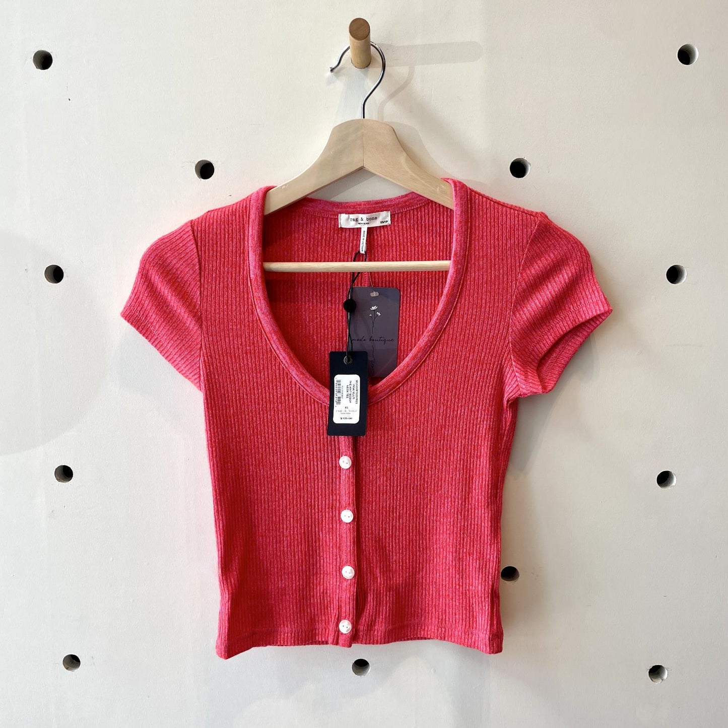 XS - Rag & Bone $125 Pink Multi Ribbed Knit Scoop Neck Tee Shirt NEW 0131LD