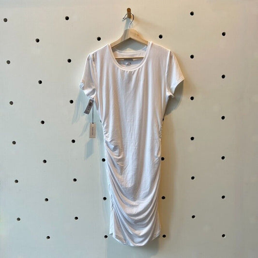 L - Babaton Aritzia White SHort Sleeve Ruched Covet NEW $88 Dress 0505LA