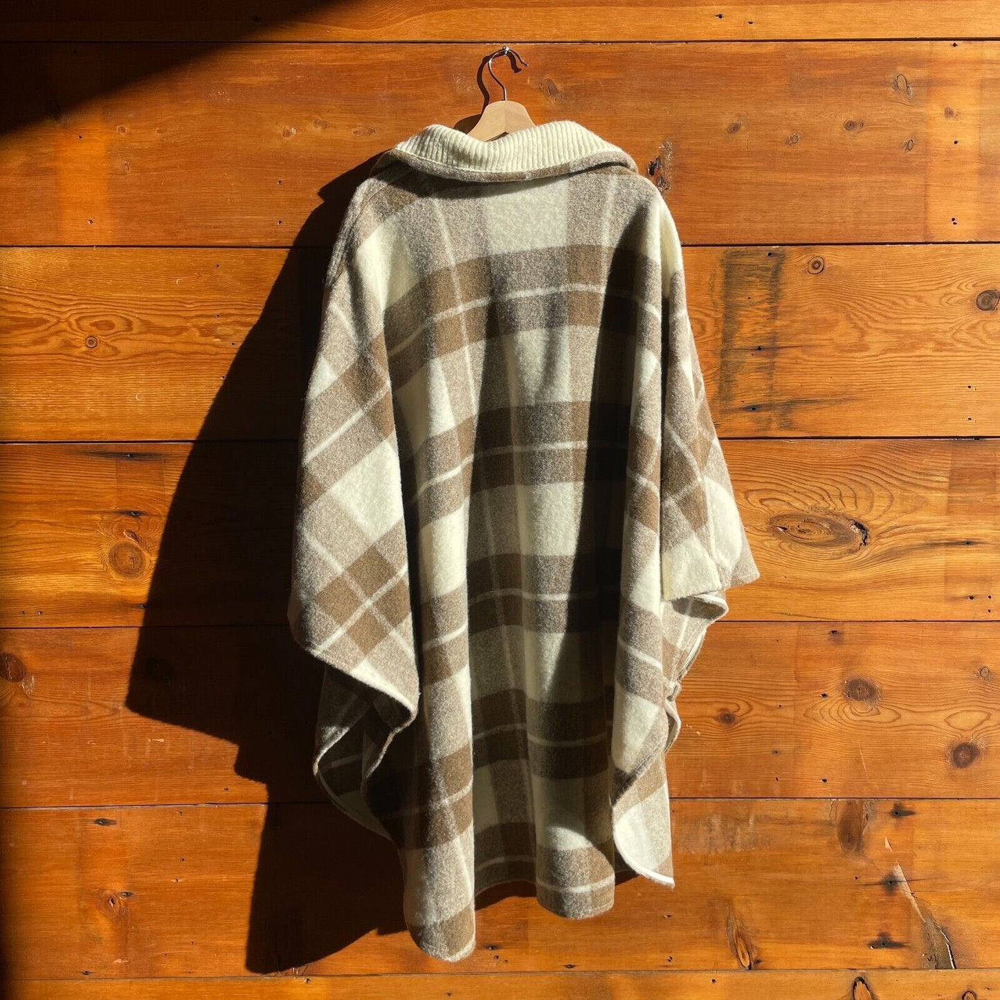 OS - Basin and Range Brown & White Plaid Wool Blend Poncho 0107NE