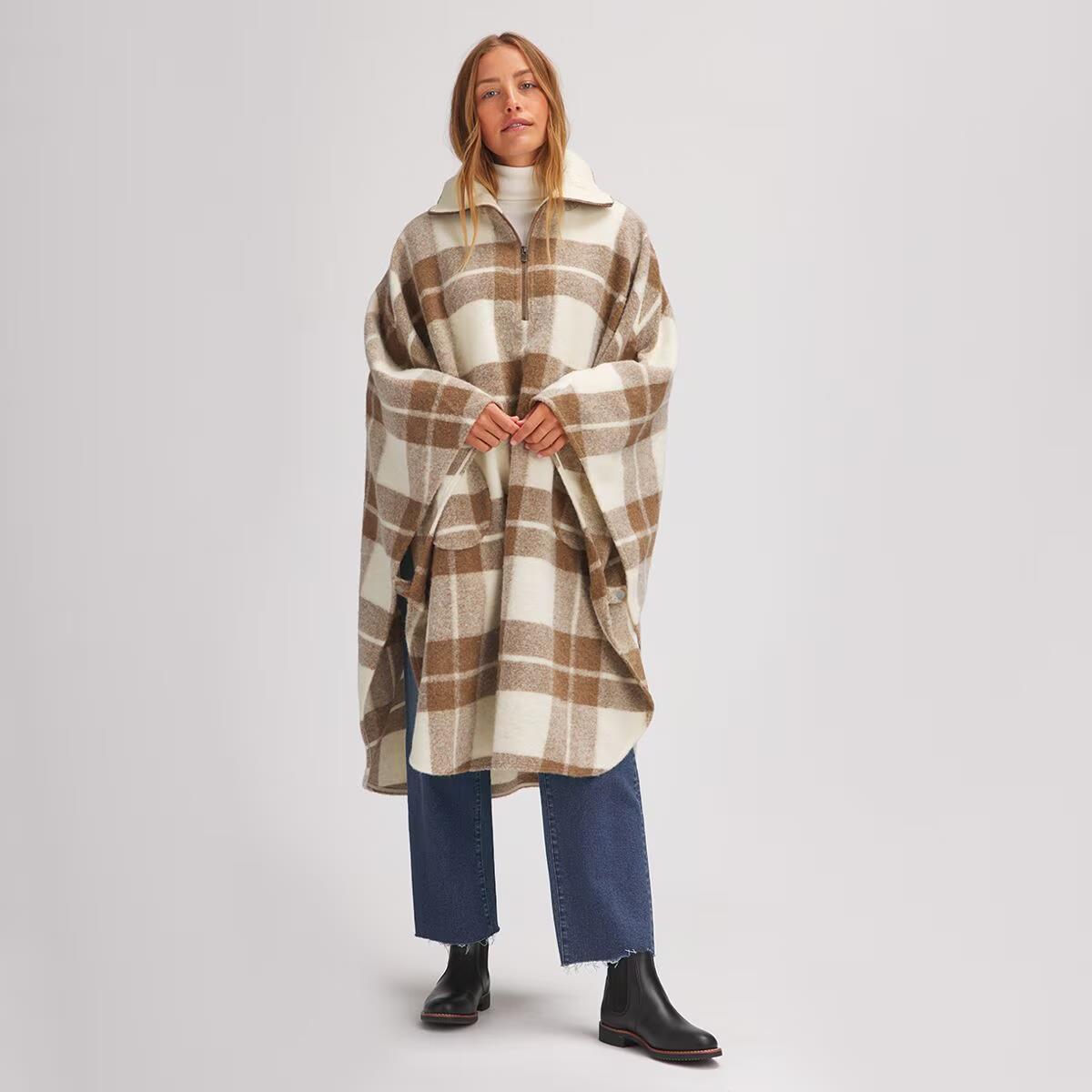 OS - Basin and Range Brown & White Plaid Wool Blend Poncho 0107NE