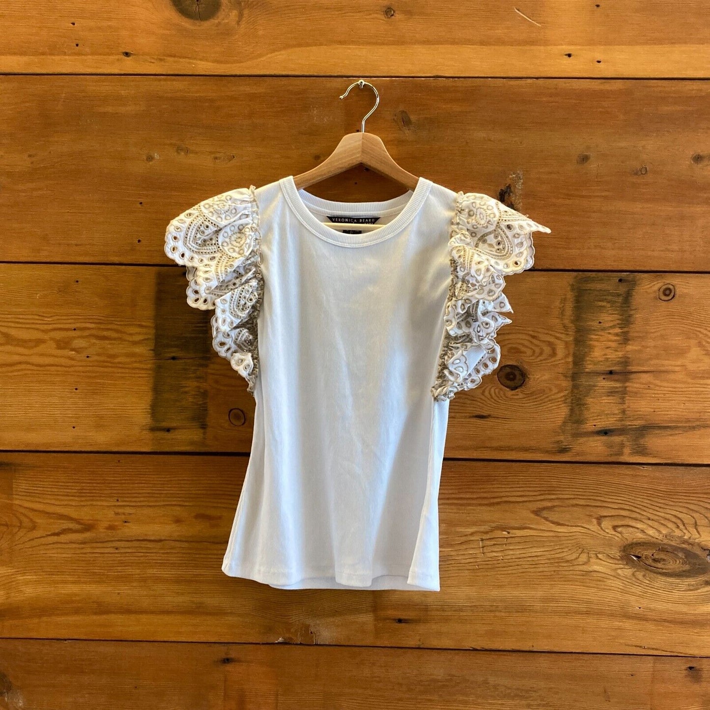 M - Veronica Beard NEW White Ribbed Embroidered Eyelet Ruffled Sleeve Top 1029SB