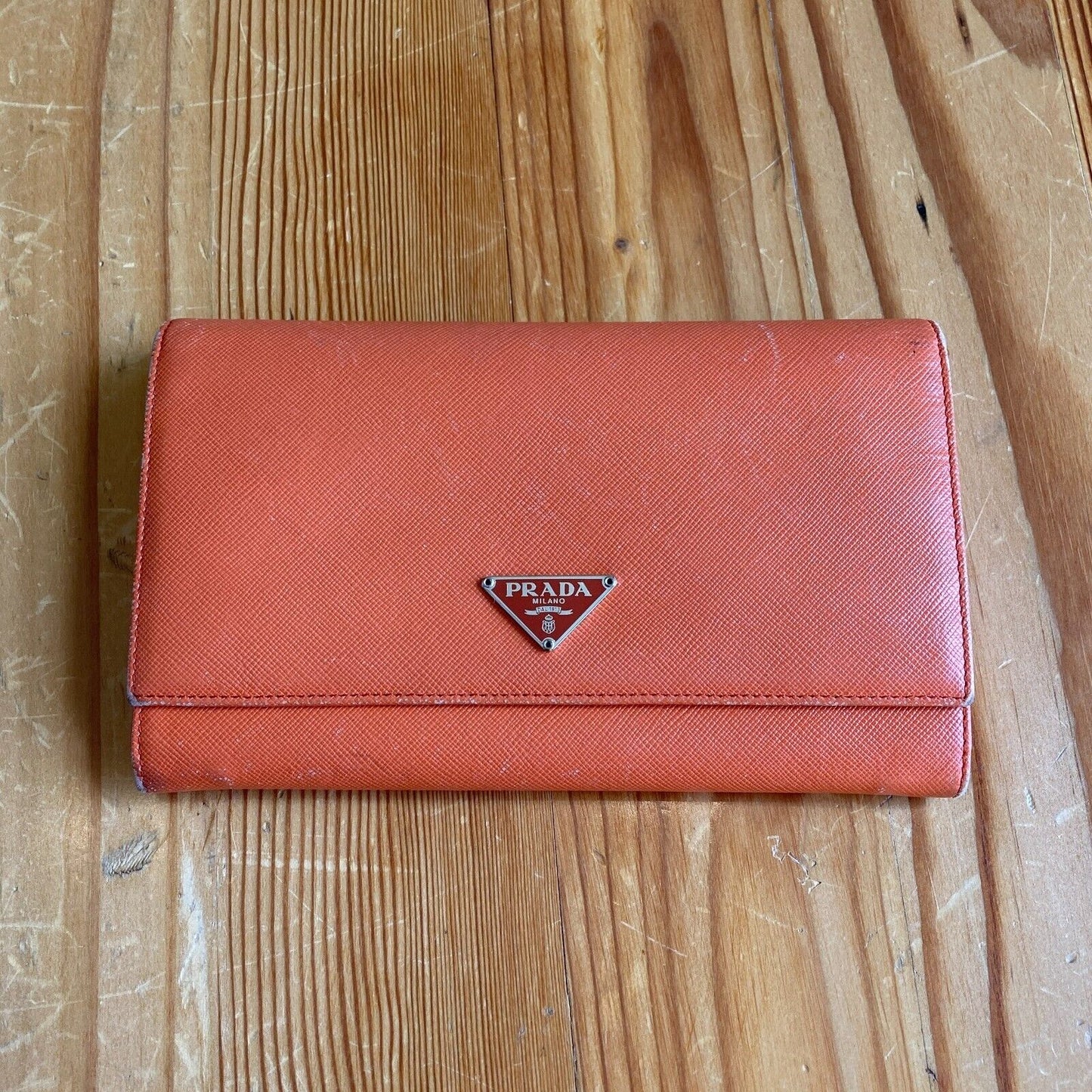 Prada Papaya Pink Saffiano Lux Leather Triangle Continental Flap Wallet 0322AS