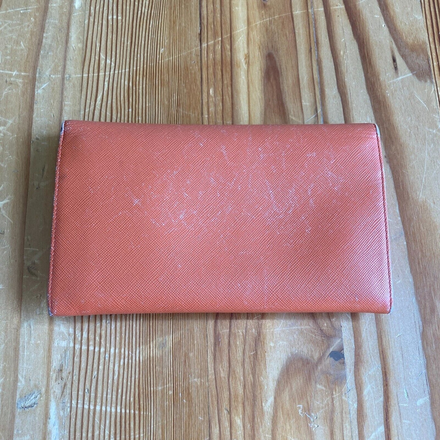 Prada Papaya Pink Saffiano Lux Leather Triangle Continental Flap Wallet 0322AS