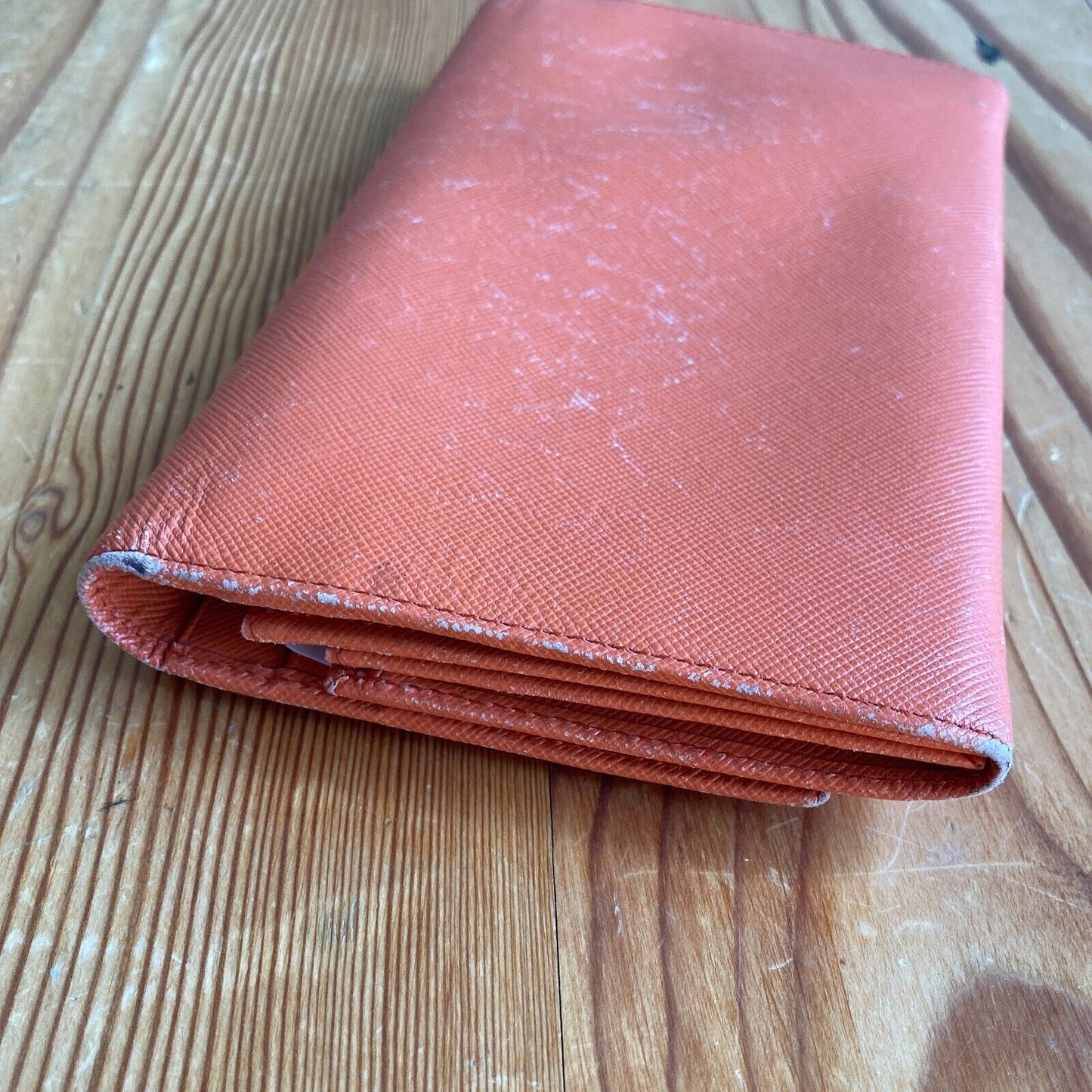 Prada Papaya Pink Saffiano Lux Leather Triangle Continental Flap Wallet 0322AS