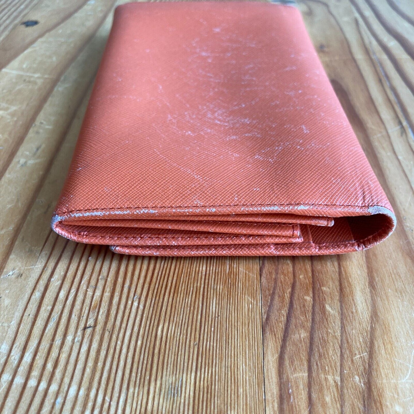 Prada Papaya Pink Saffiano Lux Leather Triangle Continental Flap Wallet 0322AS