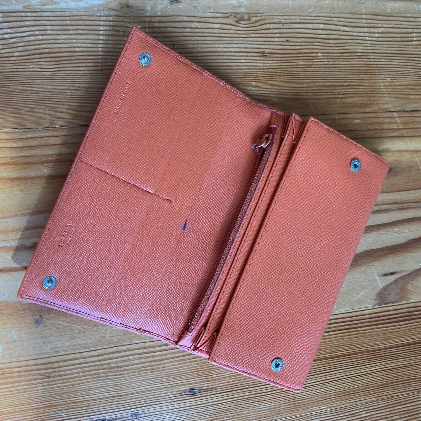 Prada Papaya Pink Saffiano Lux Leather Triangle Continental Flap Wallet 0322AS