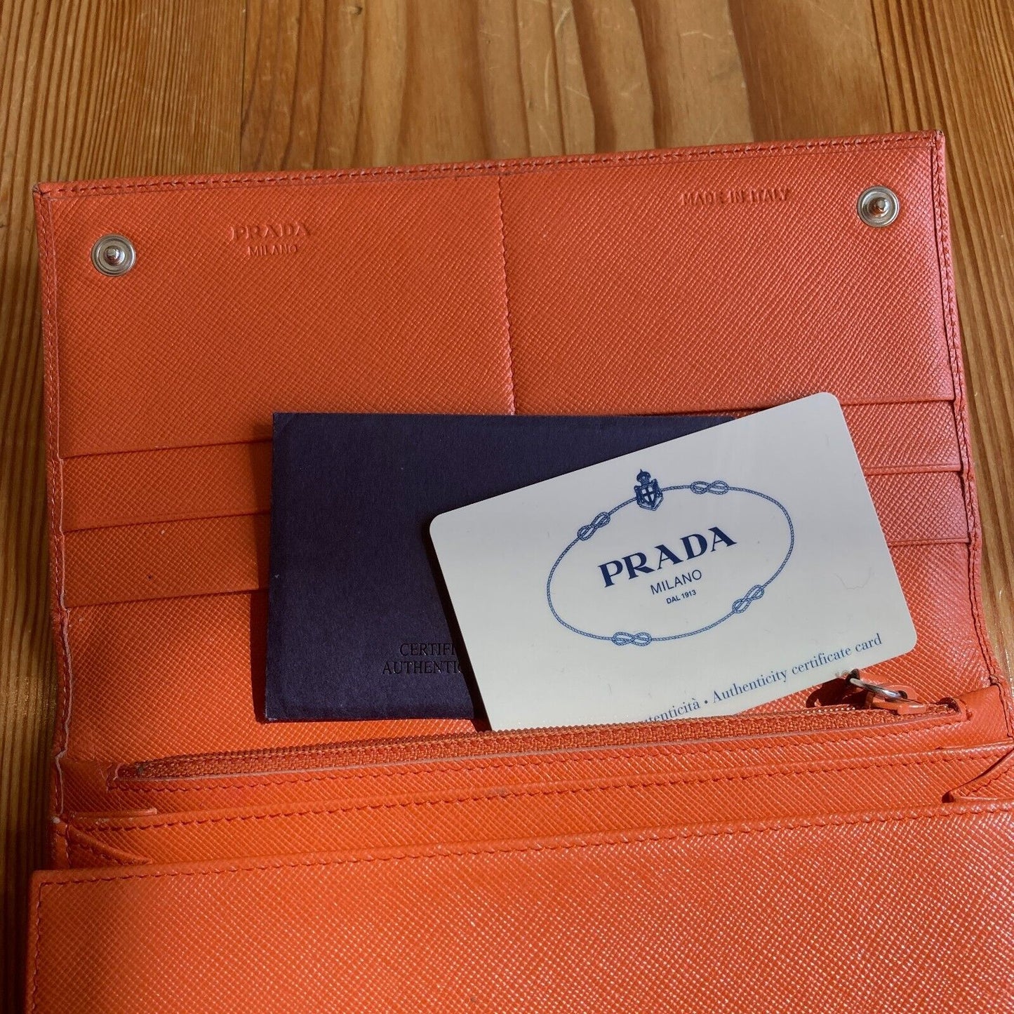 Prada Papaya Pink Saffiano Lux Leather Triangle Continental Flap Wallet 0322AS