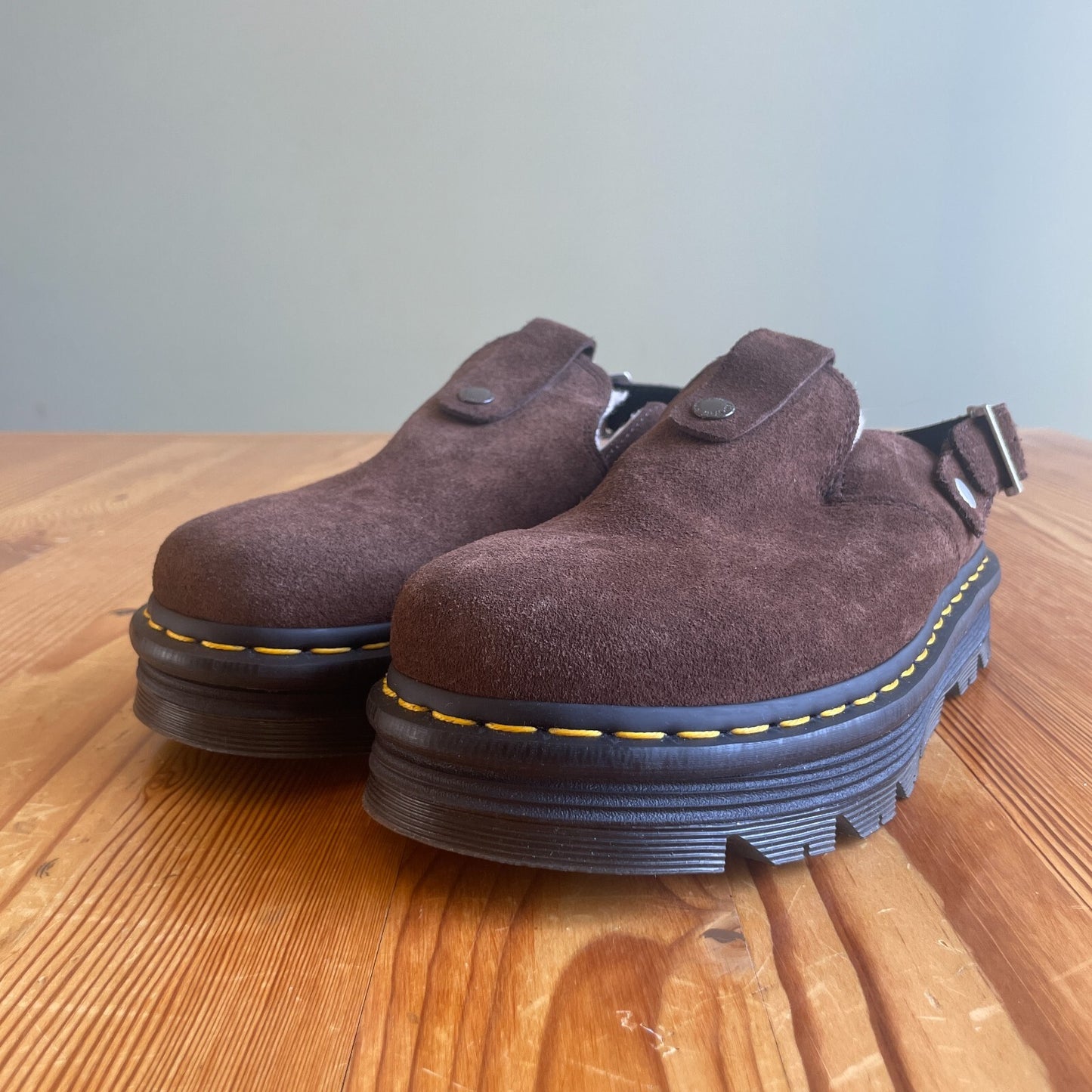 8 - Dr Martens $130 Brown Suede Zebzag Platform Mules Shoes NEW w/ Box 0425SV