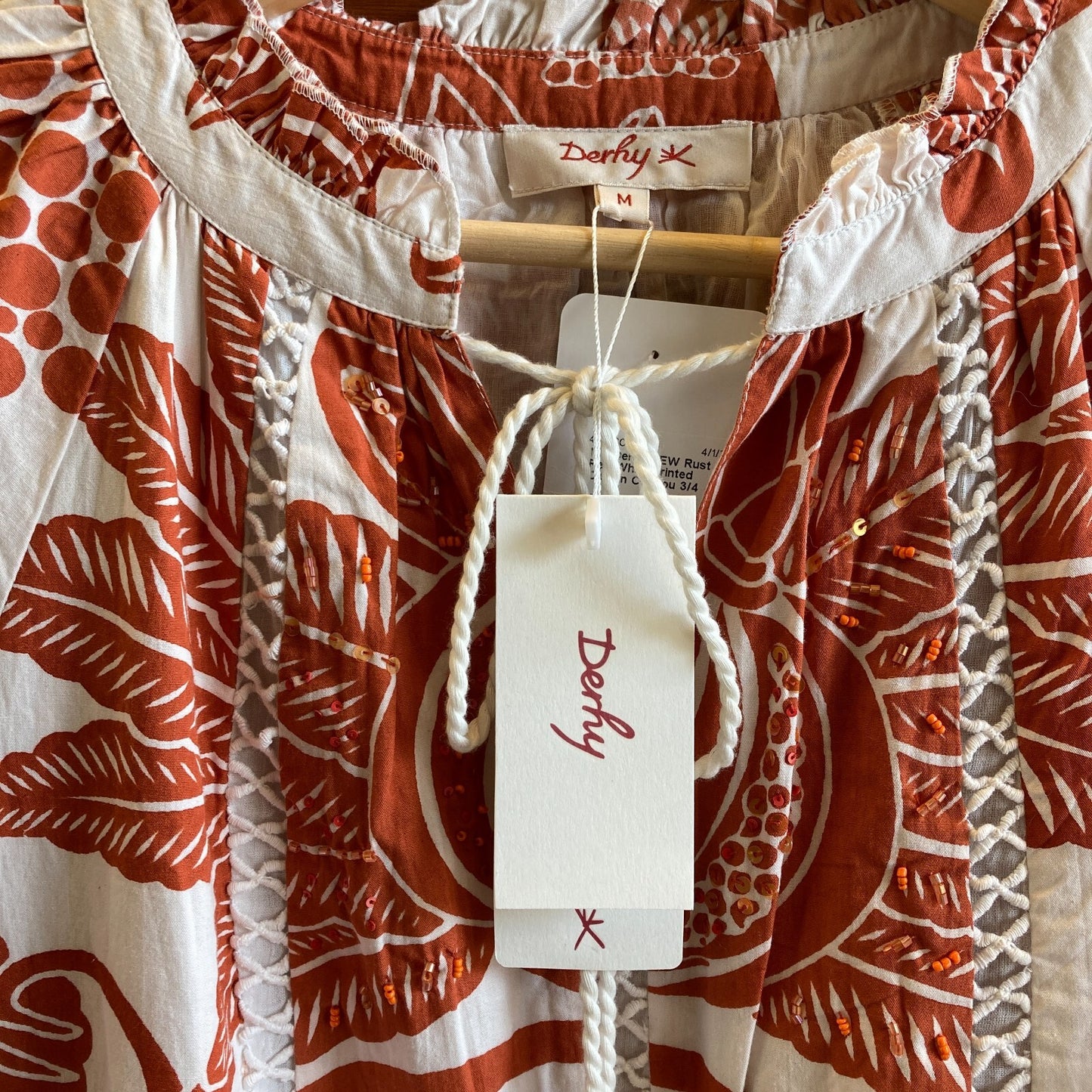 M - Derhy NEW Rust Red White Printed Cotton Coucou 3/4 Sleeve Dress 4427SC