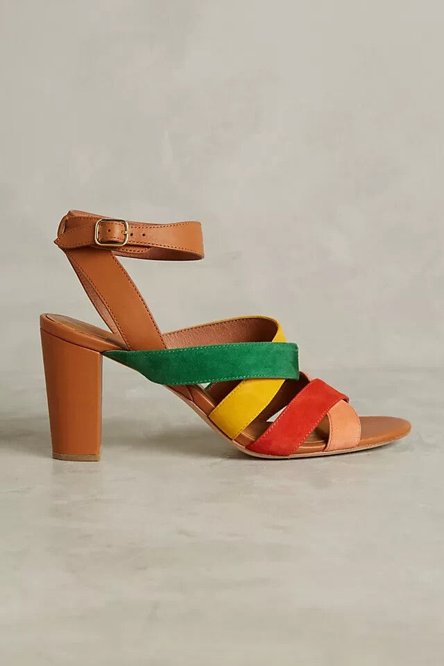 10 - Charlotte Stone Colorful Strappy Suede Block Heel Olivia Sandals 0628AC