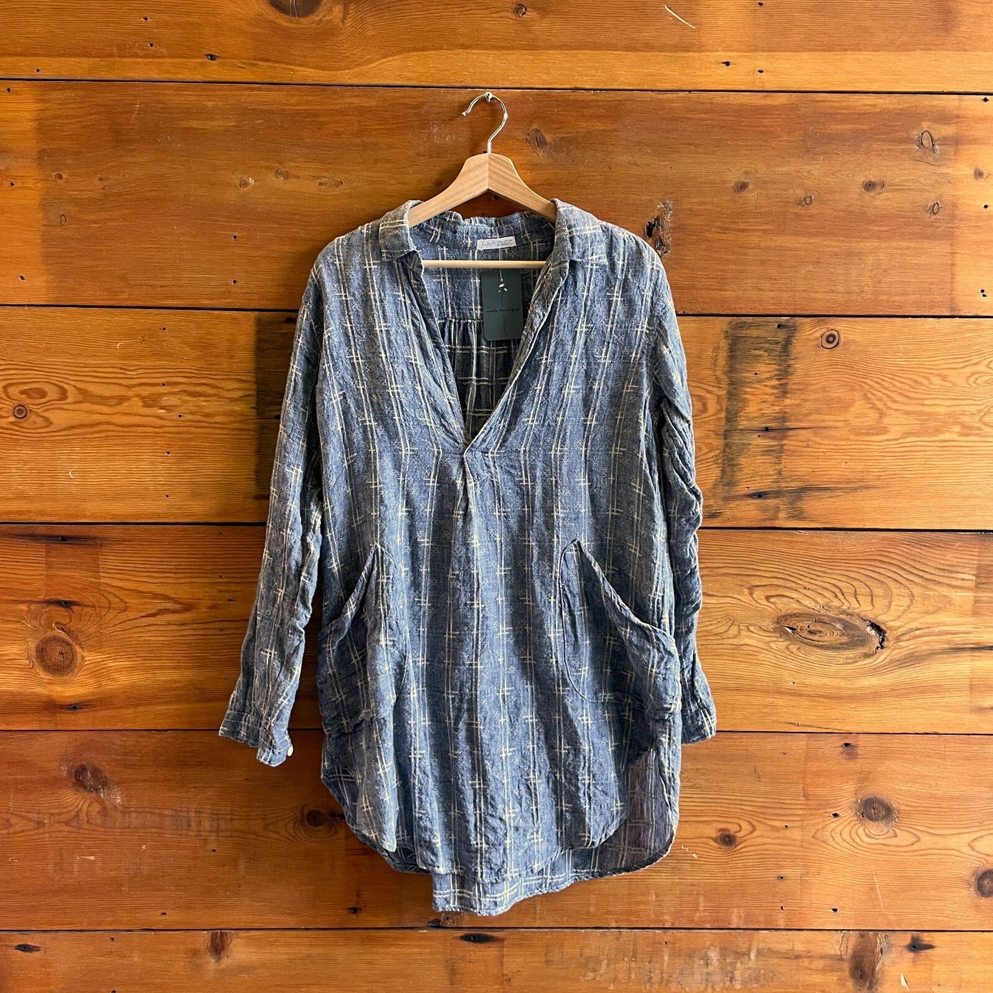 XS - Free People X CP Shades Blue Teton Long Sleeve Linen Shirt Dress 0608KF