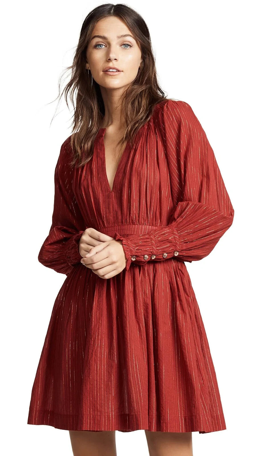 6 - Ulla Johnson Red Cotton & Gold Lurex Long Sleeve Fit & Flare Dress 0103RU