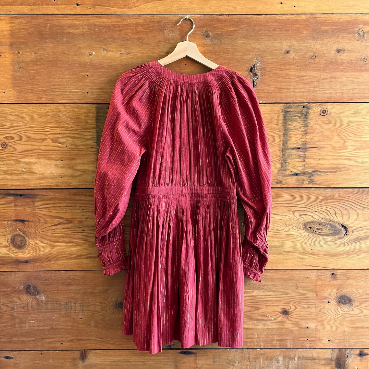 6 - Ulla Johnson Red Cotton & Gold Lurex Long Sleeve Fit & Flare Dress 0103RU