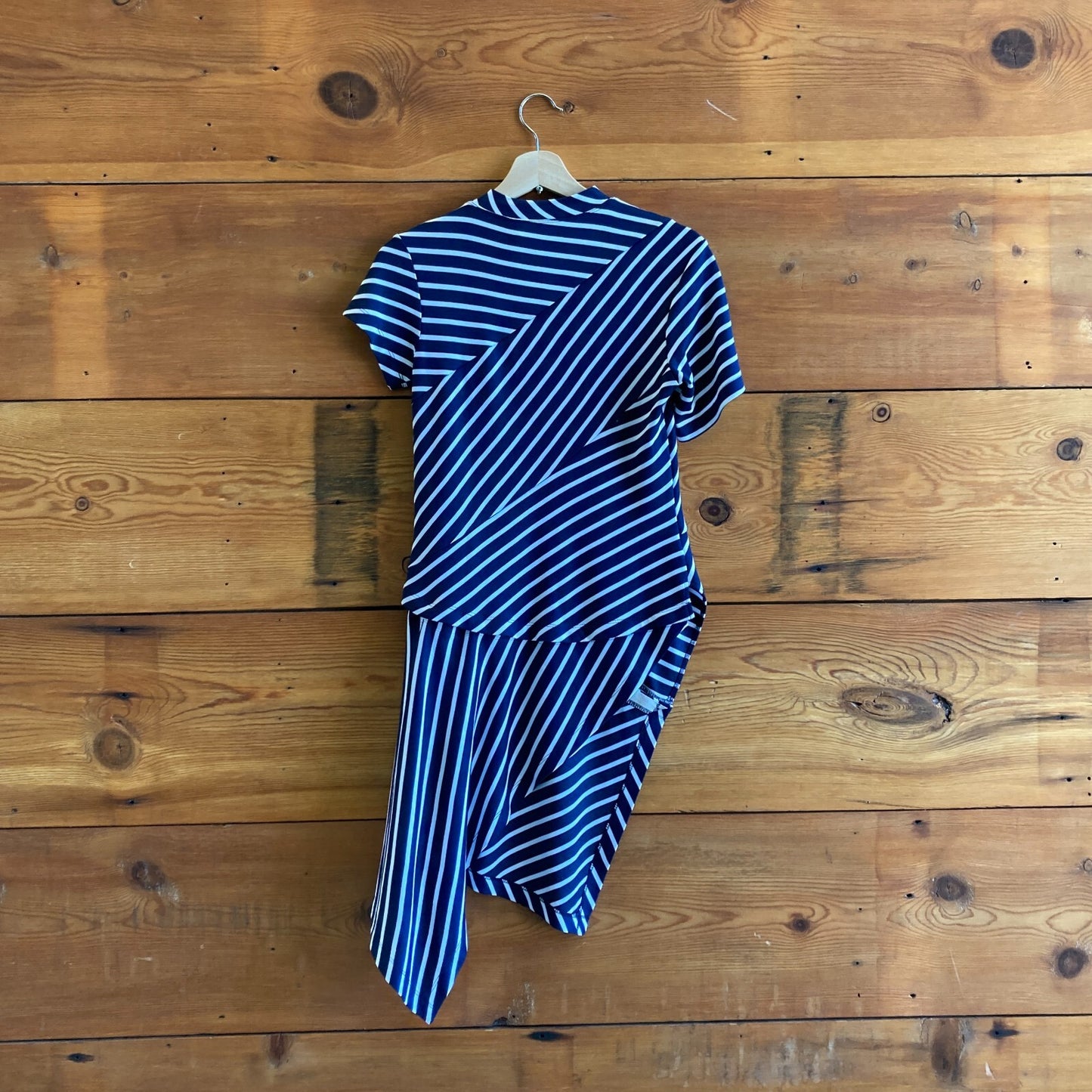 XS - Monse $790 Navy & White Striped Short Sleeve Asymmetric Dress NEW 0527DB