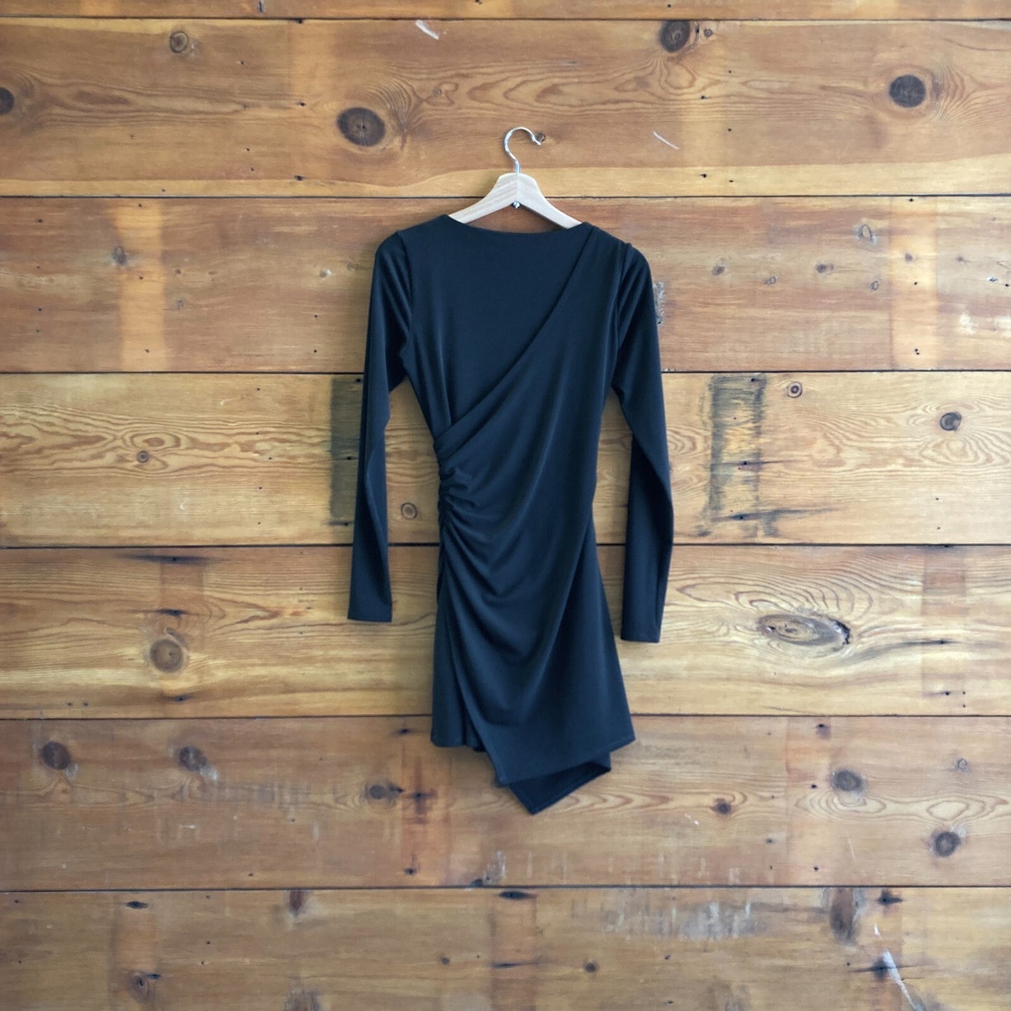 XS - Cinq a Sept $345 Black Asymmetric Ruched Mini Coralie Dress NEW 0527DB