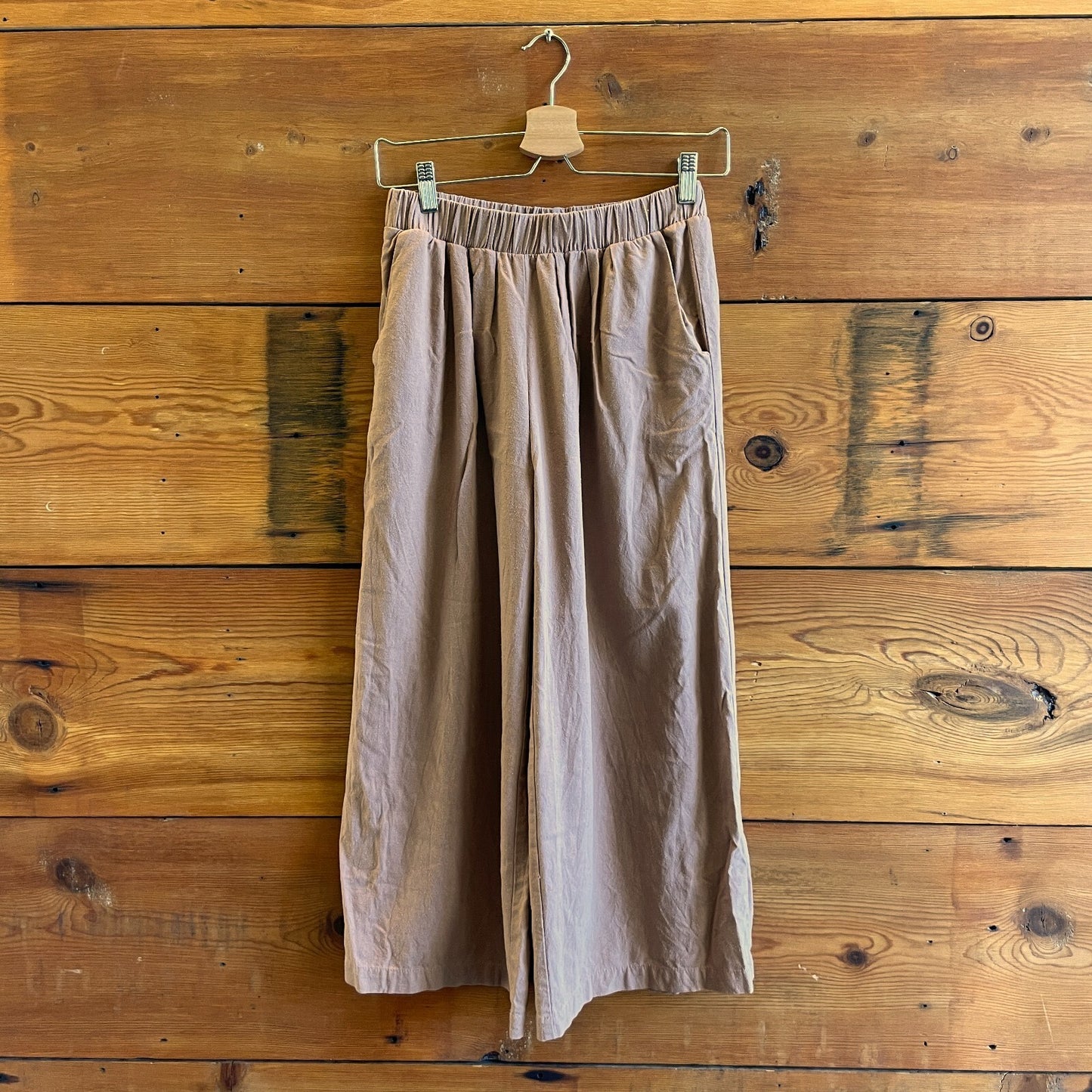 S - Ozma Brown 100% Silk Elastic Waist Wide Leg Womens Pants 1201ZS
