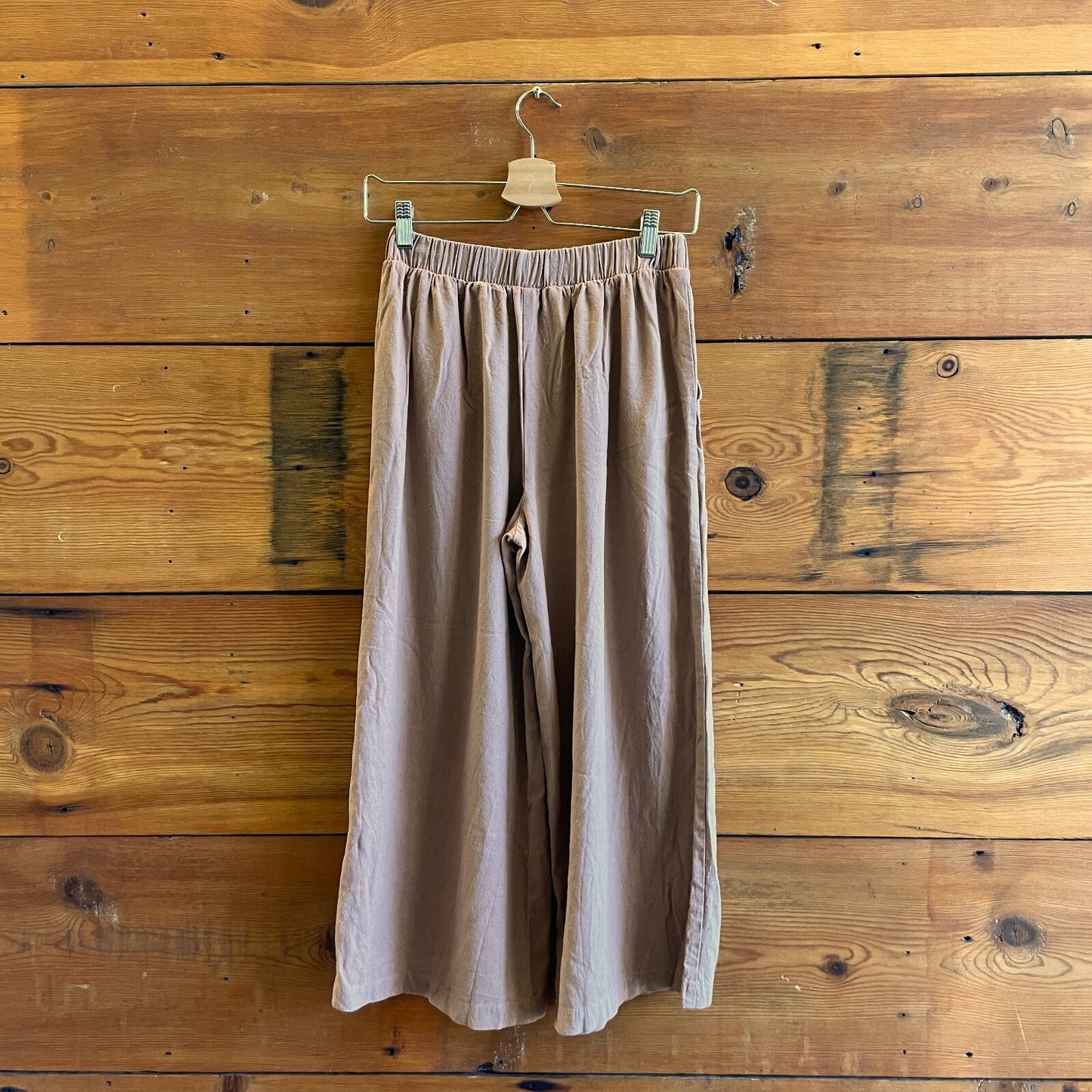 S - Ozma Brown 100% Silk Elastic Waist Wide Leg Womens Pants 1201ZS