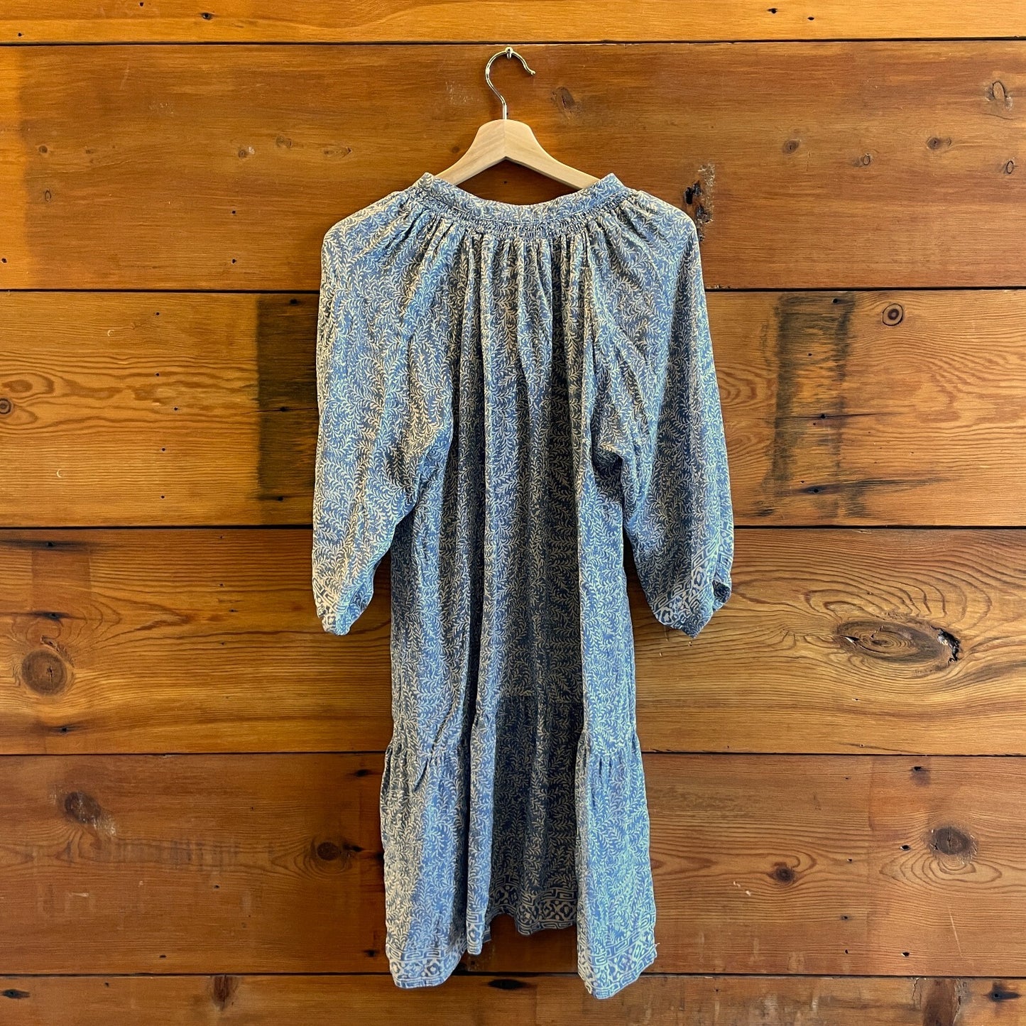 S - Natalie Martin Blue White Printed Silk Peasant Boho Flowy Dress 0323AB