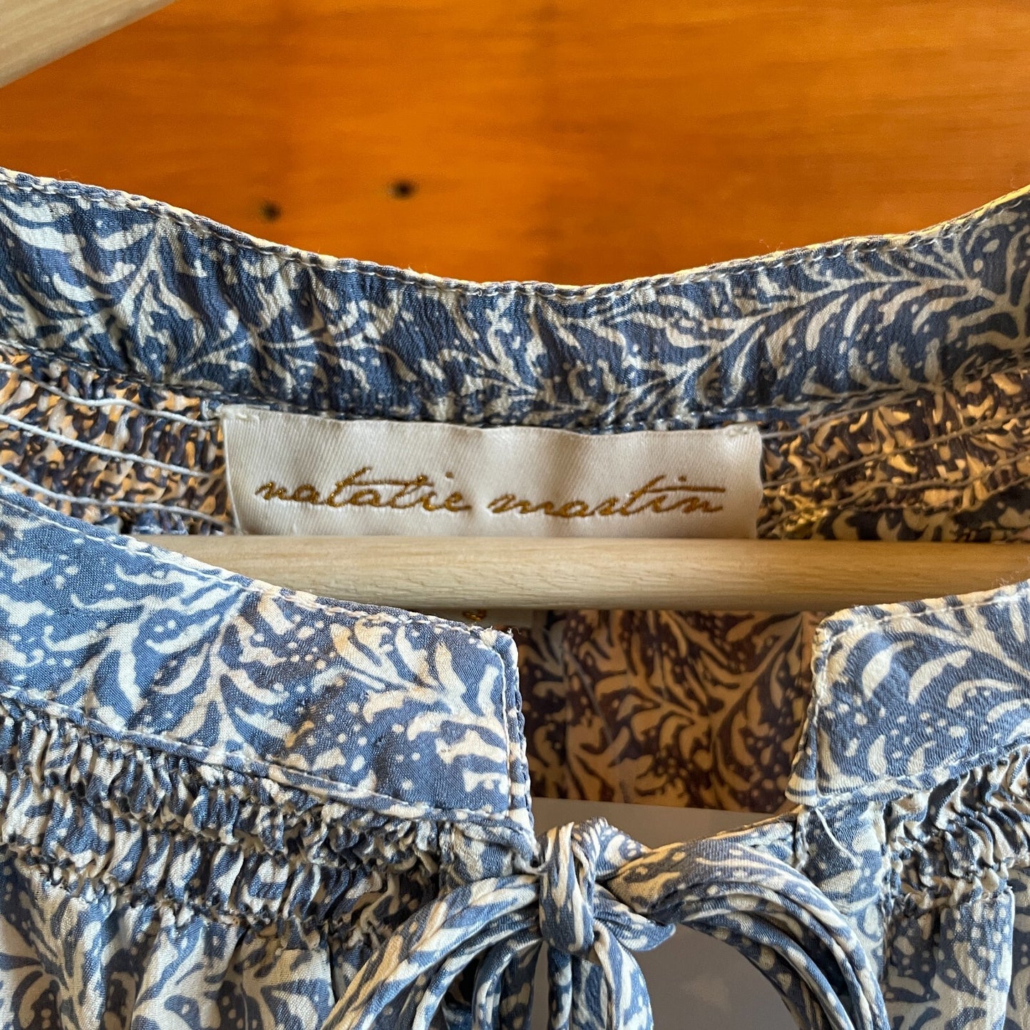 S - Natalie Martin Blue White Printed Silk Peasant Boho Flowy Dress 0323AB
