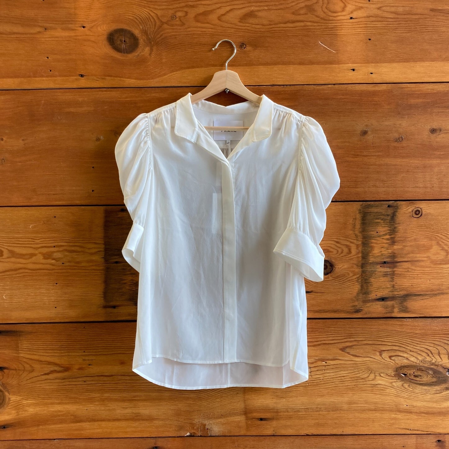 M - Frame $348 White Silk Gillian Button Up Puff Sleeve Blouse Top NEW 4427SC