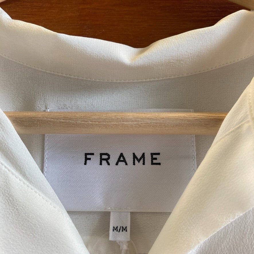 M - Frame $348 White Silk Gillian Button Up Puff Sleeve Blouse Top NEW 4427SC
