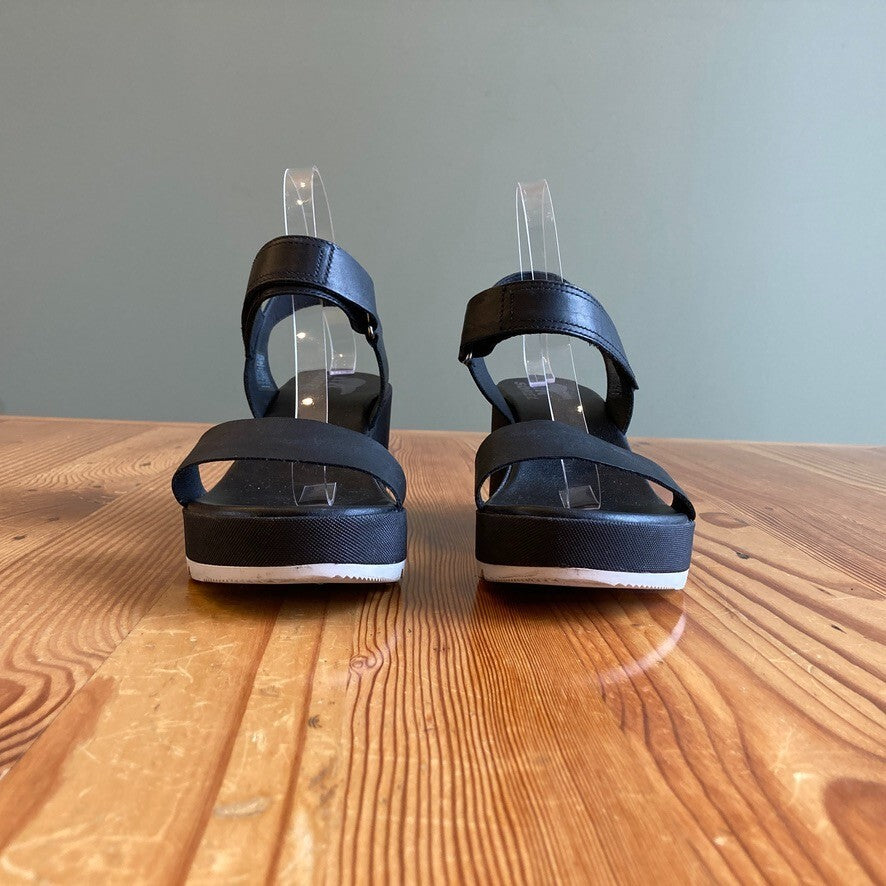 8.5 - Sorel Black $150 Cameron Wedge Sandals Strappy Comfort Shoes 0608BM