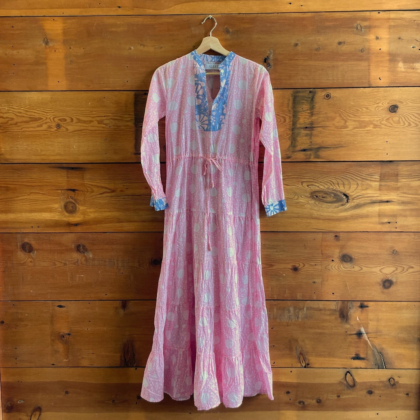 S / M - Kleed Pink Patterned Tie Waist Tiered Caftan Maxi Dress 1103ES