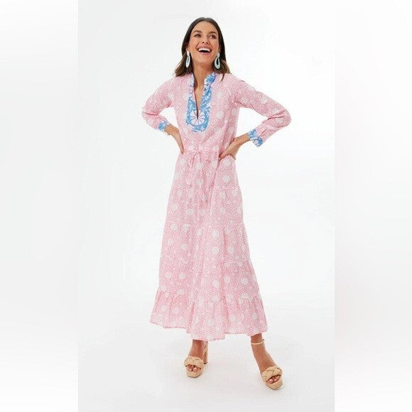 S / M - Kleed Pink Patterned Tie Waist Tiered Caftan Maxi Dress 1103ES