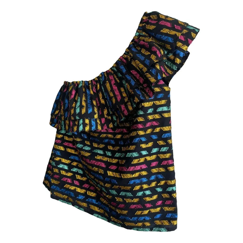 40 / M - Sezane Black Colorful Metallic Patterned One Shoulder Blouse Top 0628AC