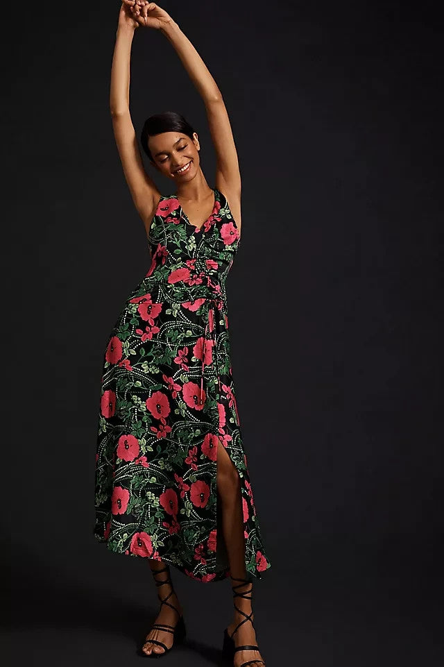 2 - Maeve Anthropologie NEW Black Pink Floral Print Ruched Midi Dress 0416LB