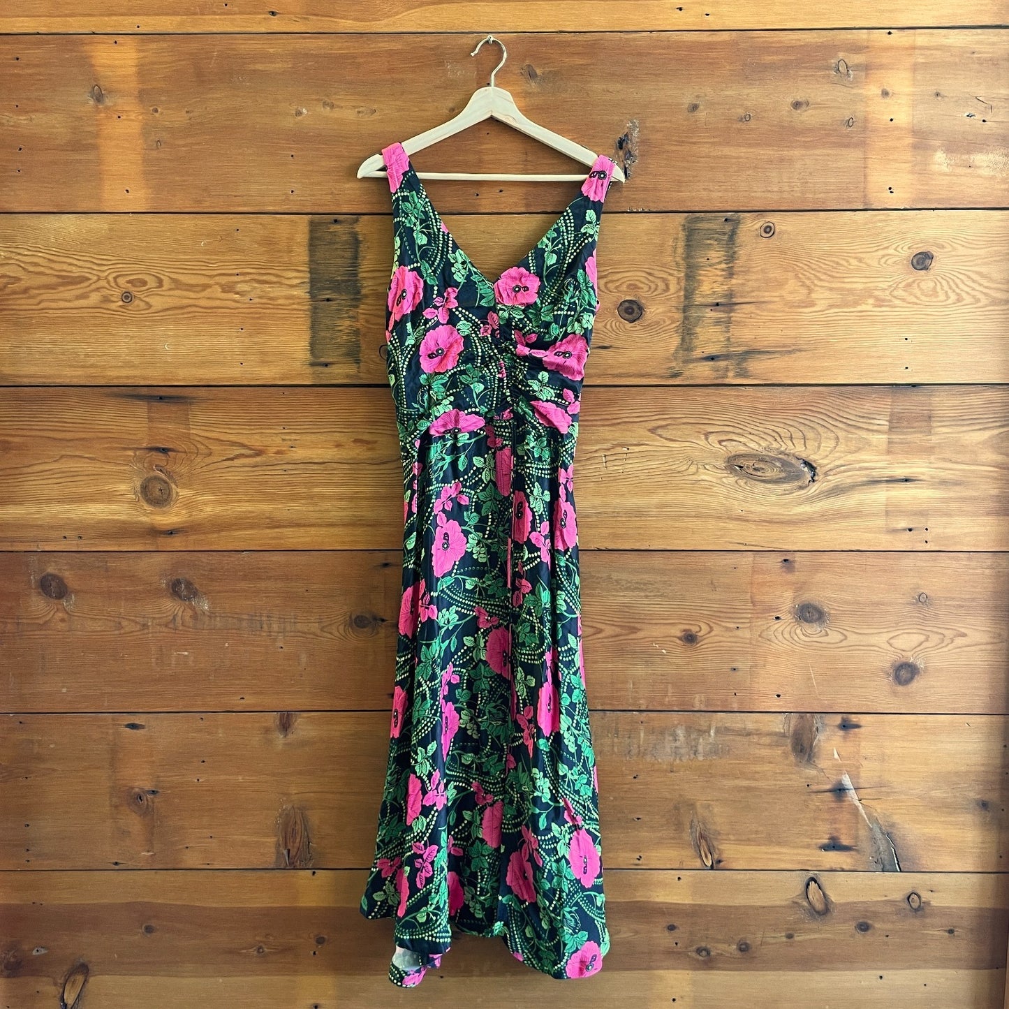 2 - Maeve Anthropologie NEW Black Pink Floral Print Ruched Midi Dress 0416LB