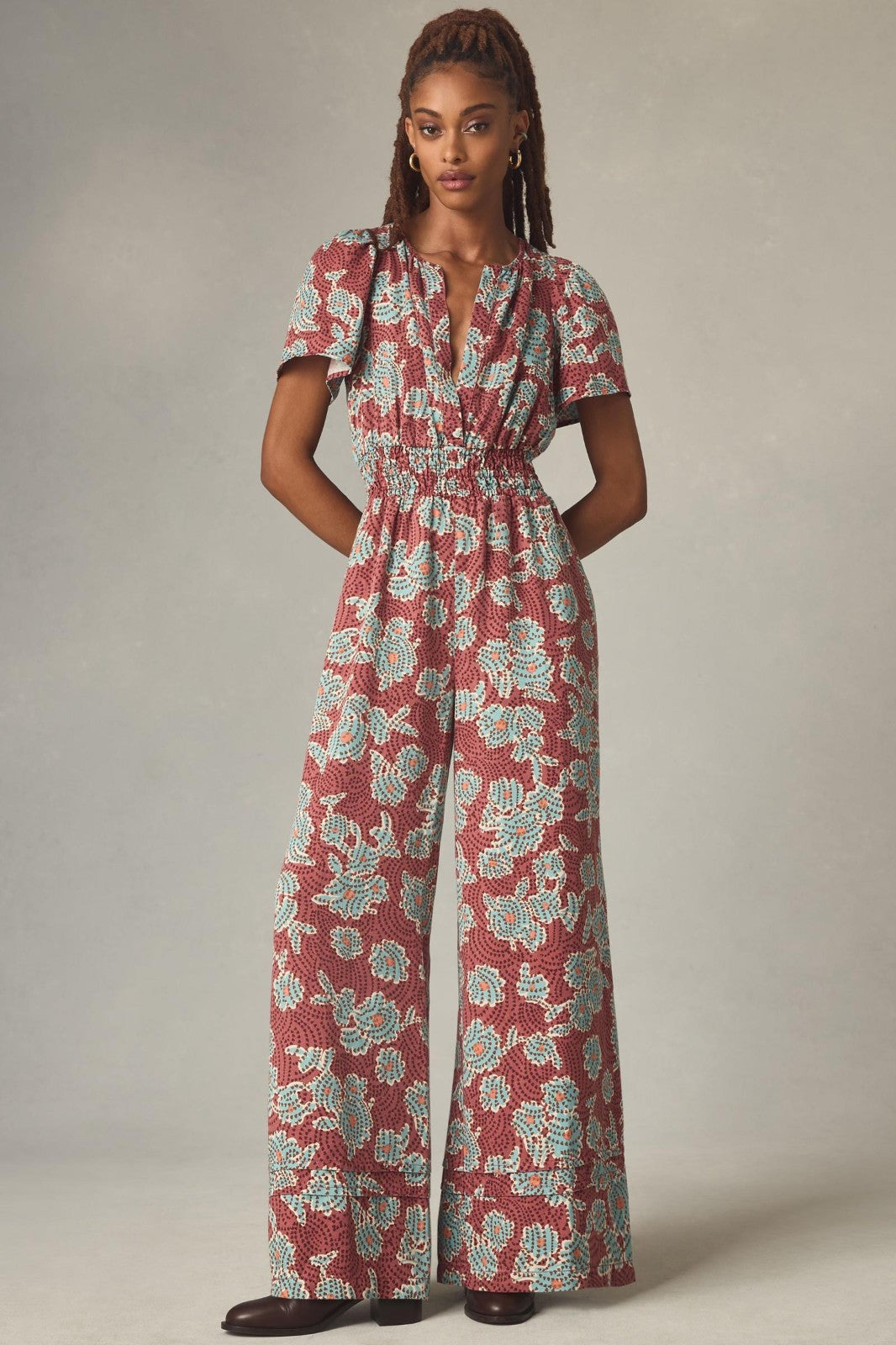 XS - Anthropologie Somerset Floral Print Short Sleeve Wide Leg Jumpsuit 0416LB