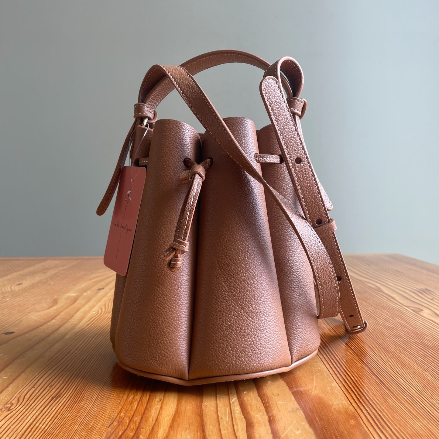 Polene $550 Textured Camel Brown Leather Numéro Huit Bucket Bag 0701JB