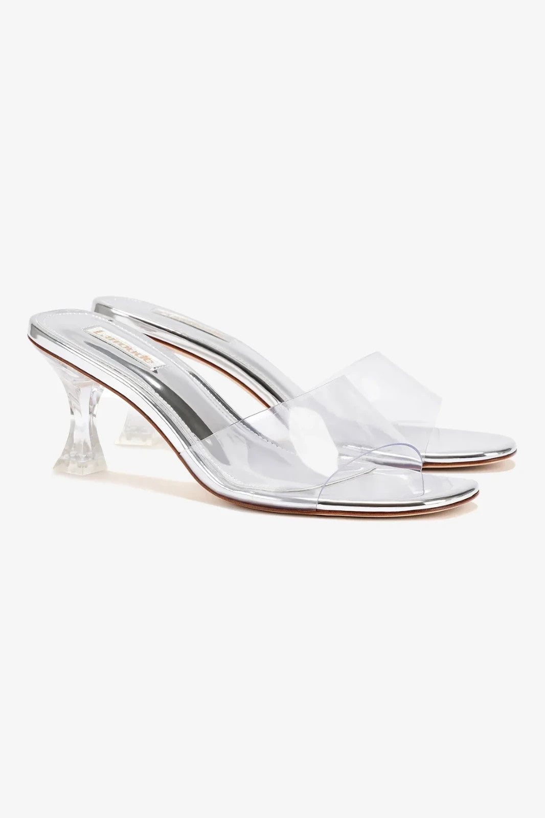 7.5 - Larroude $350 Silver Clear VIVI Lucite Hi Mule Slide Slip On Heels 1016LD