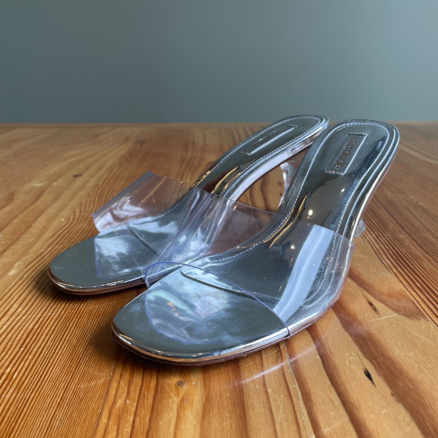 7.5 - Larroude $350 Silver Clear VIVI Lucite Hi Mule Slide Slip On Heels 1016LD