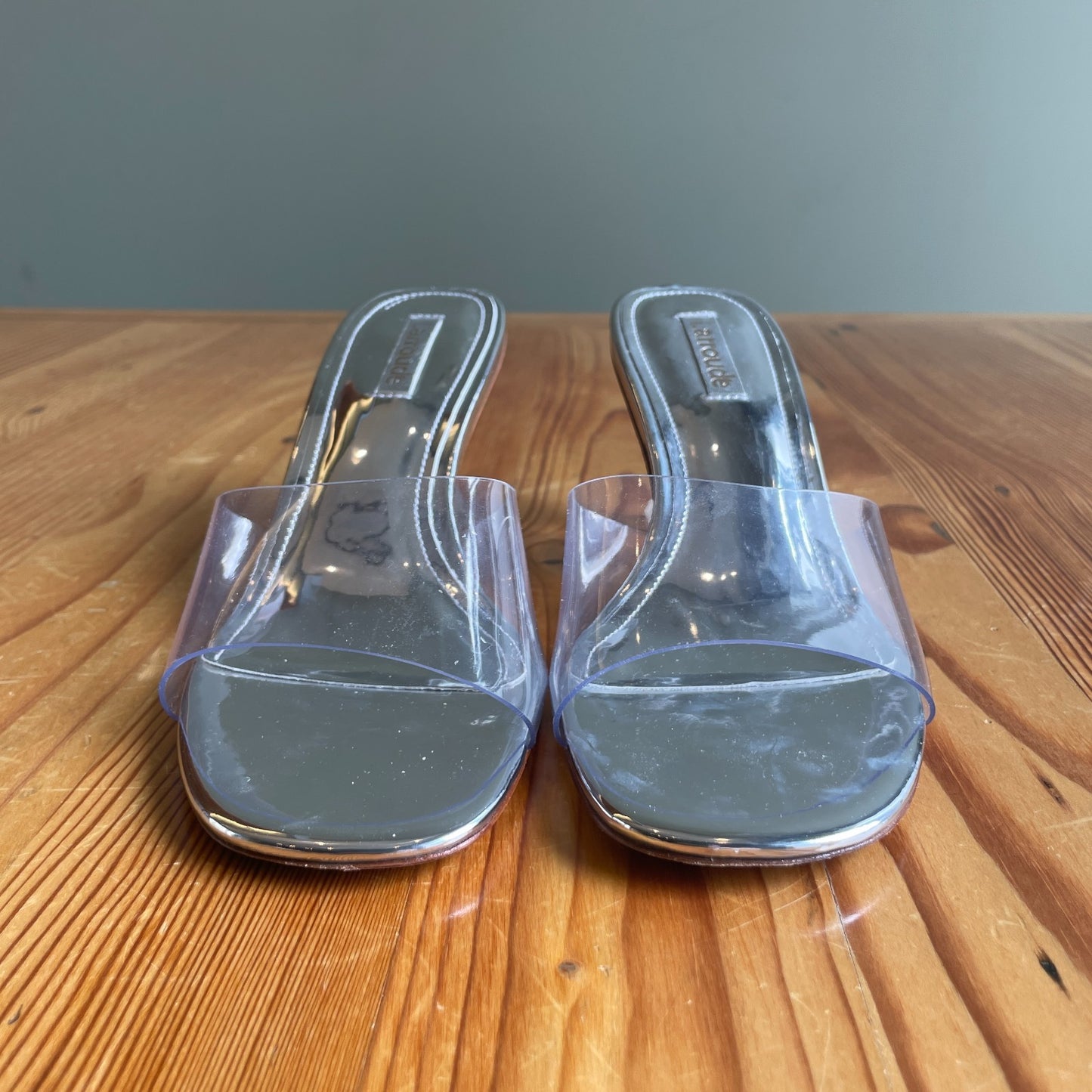 7.5 - Larroude $350 Silver Clear VIVI Lucite Hi Mule Slide Slip On Heels 1016LD