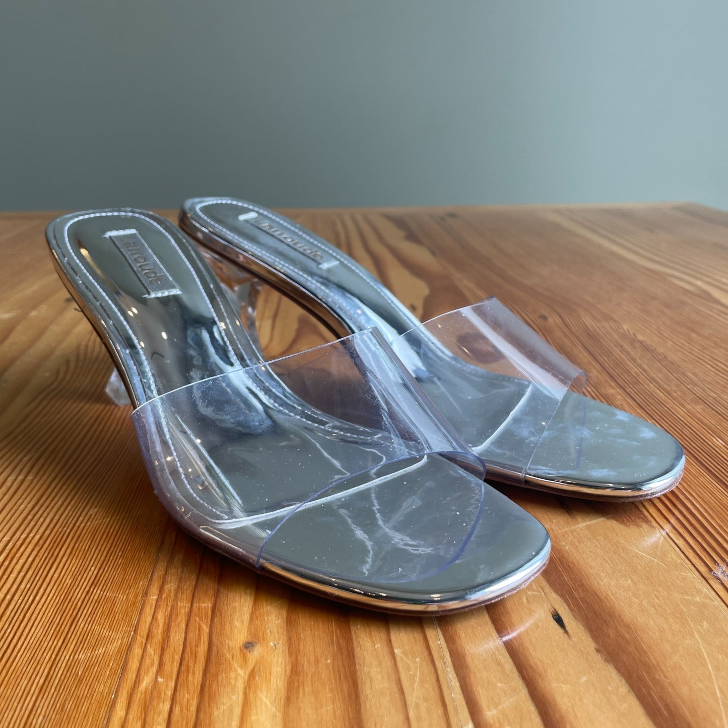 7.5 - Larroude $350 Silver Clear VIVI Lucite Hi Mule Slide Slip On Heels 1016LD