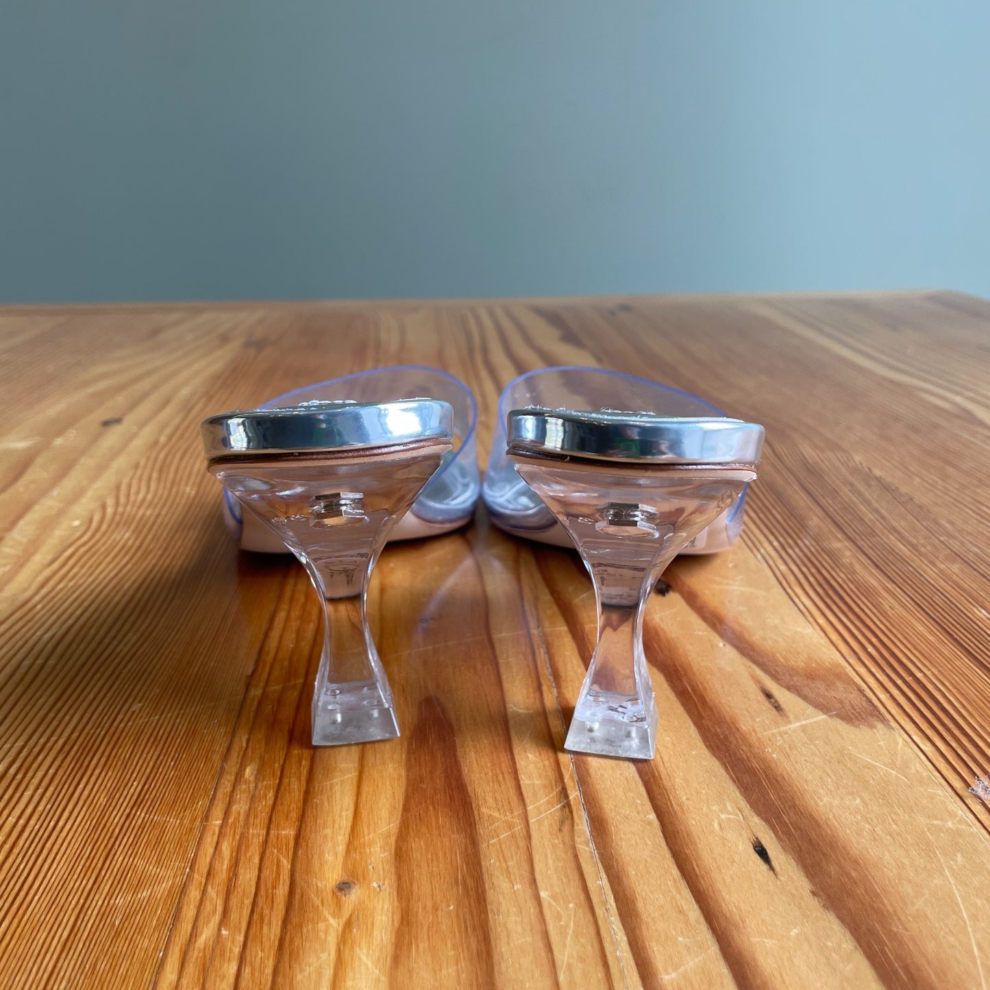 7.5 - Larroude $350 Silver Clear VIVI Lucite Hi Mule Slide Slip On Heels 1016LD