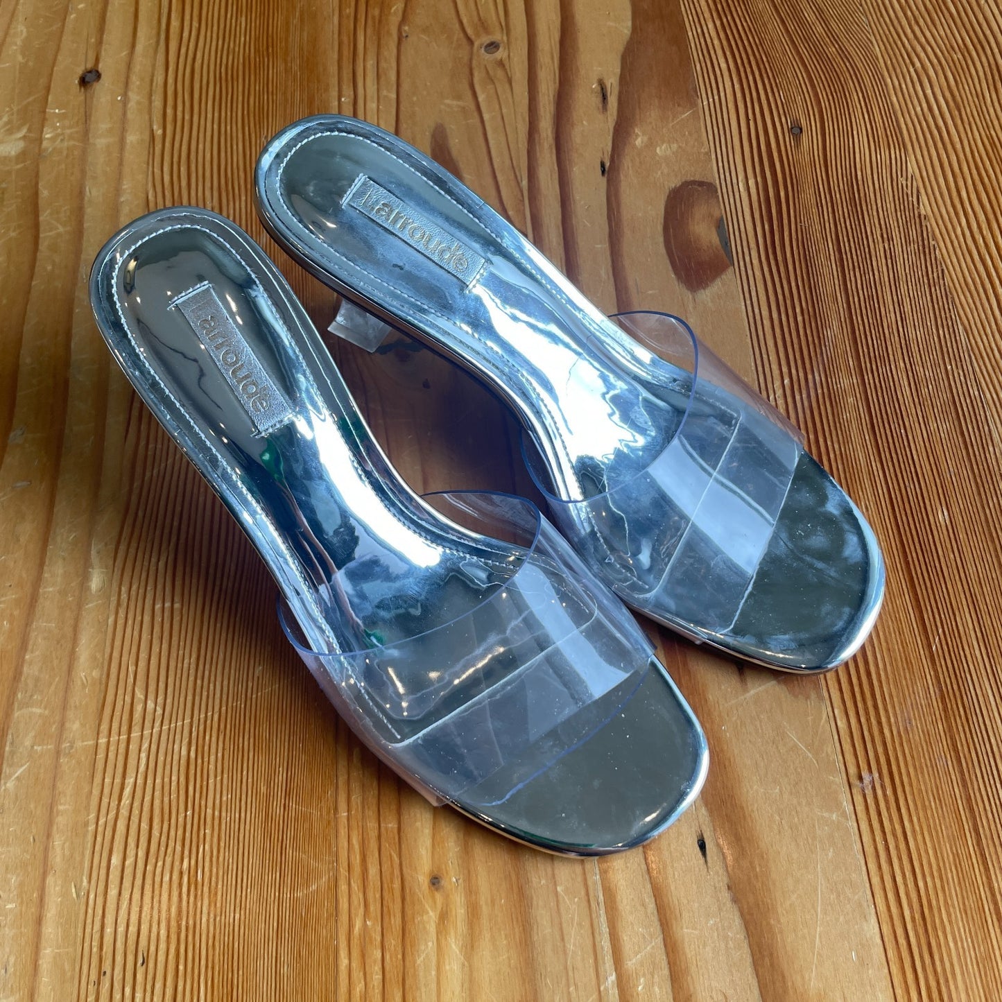 7.5 - Larroude $350 Silver Clear VIVI Lucite Hi Mule Slide Slip On Heels 1016LD
