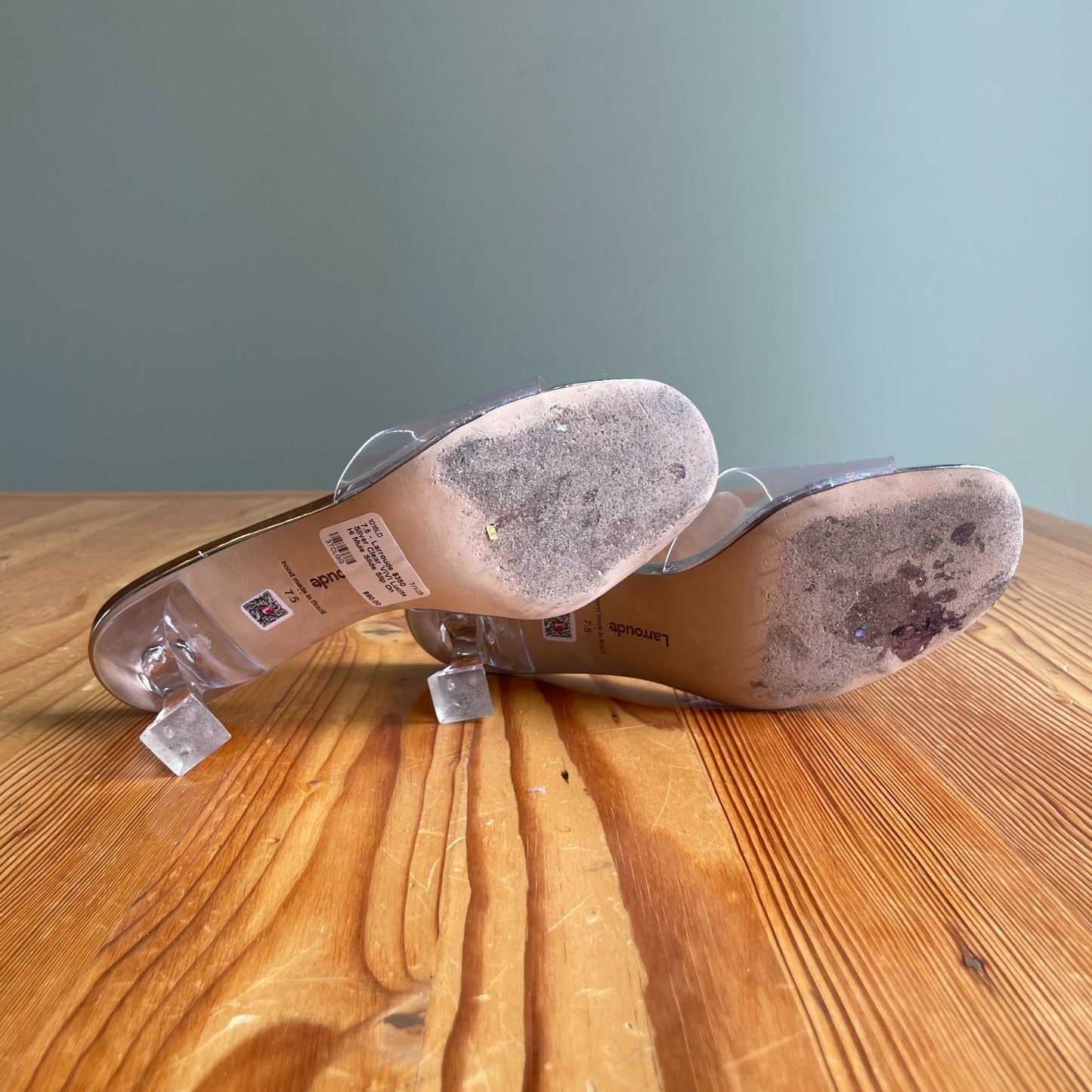 7.5 - Larroude $350 Silver Clear VIVI Lucite Hi Mule Slide Slip On Heels 1016LD