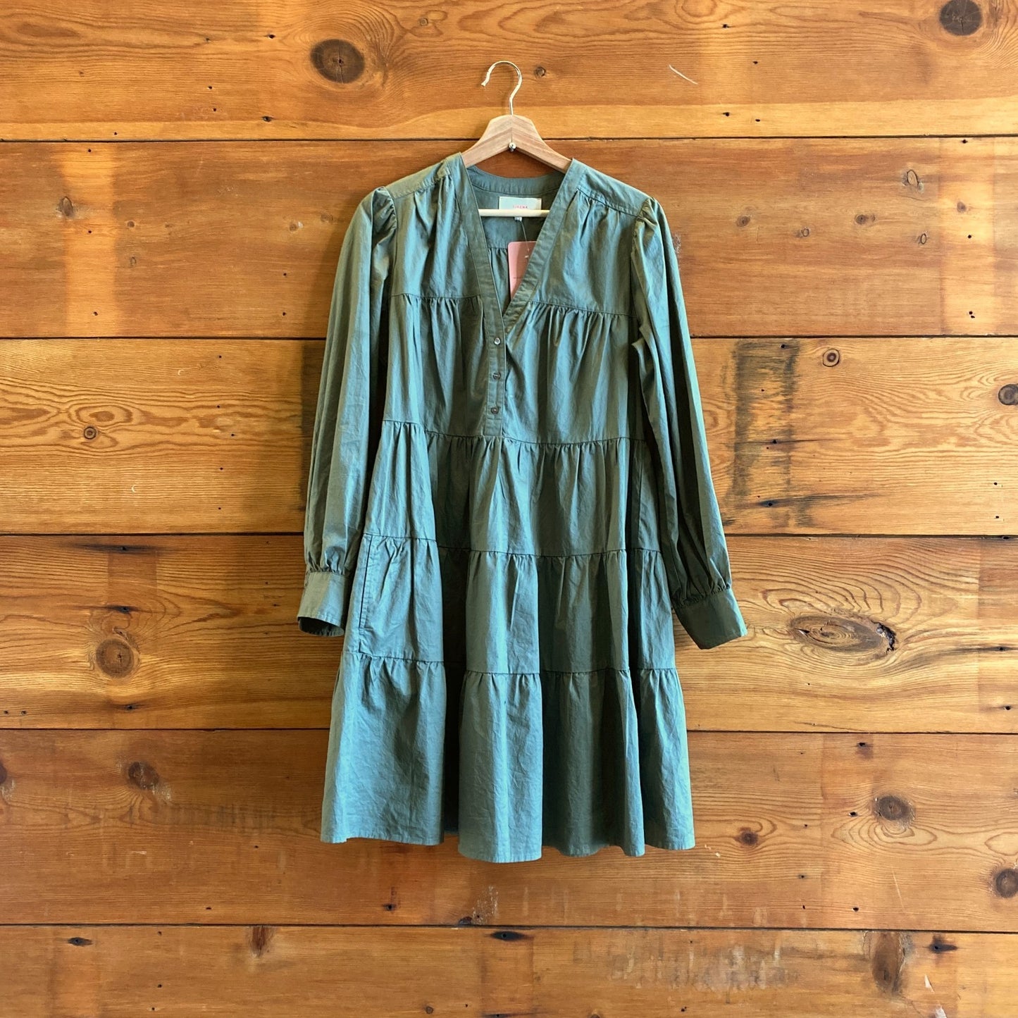 S - Xirena Green Long Sleeve Tiered Button Front Mini Dress 0701LR