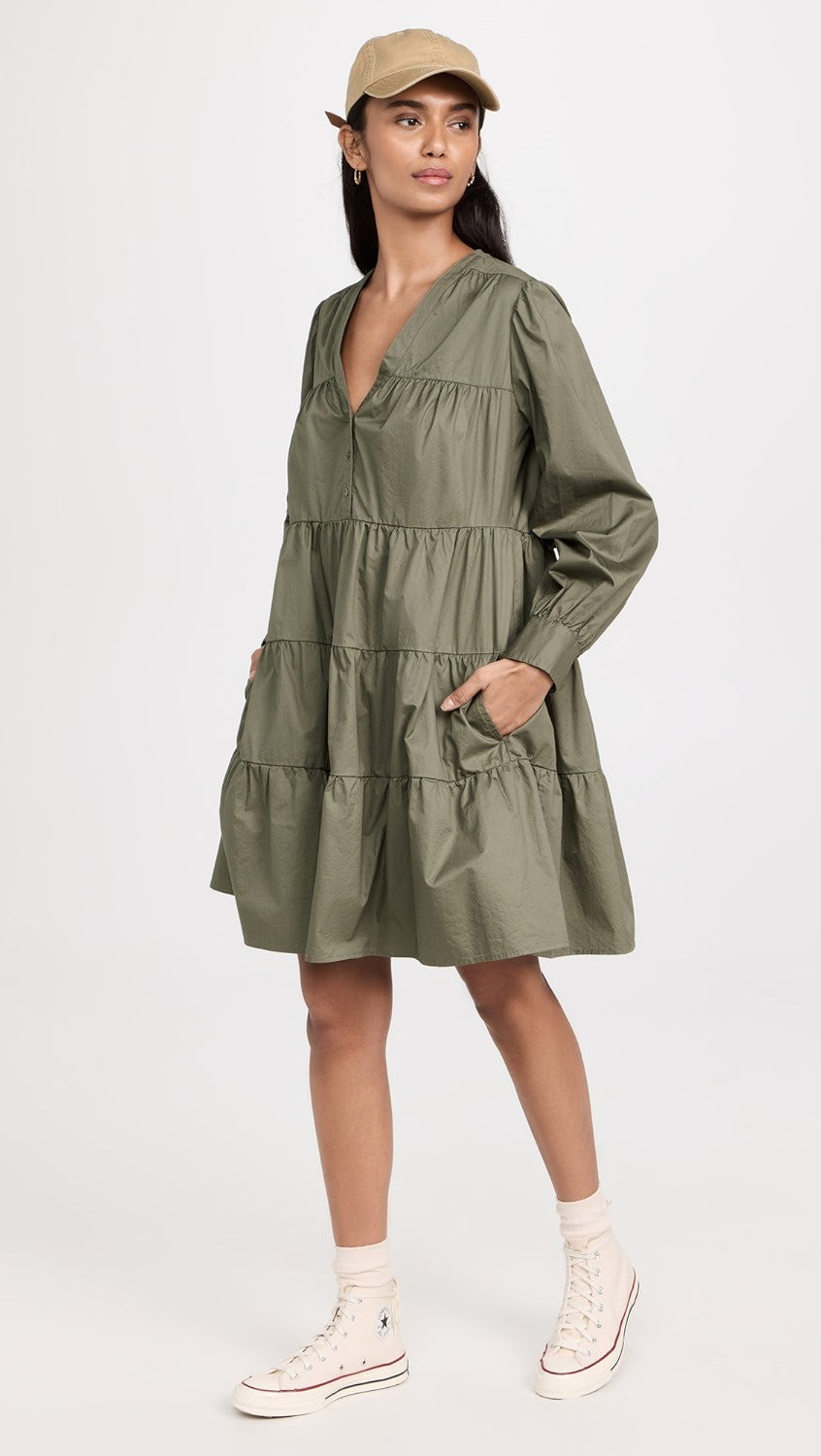 S - Xirena Green Long Sleeve Tiered Button Front Mini Dress 0701LR