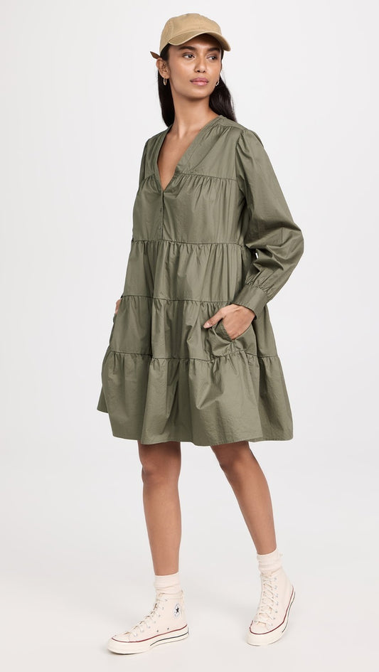 S - Xirena Green Long Sleeve Tiered Button Front Mini Dress 0701LR