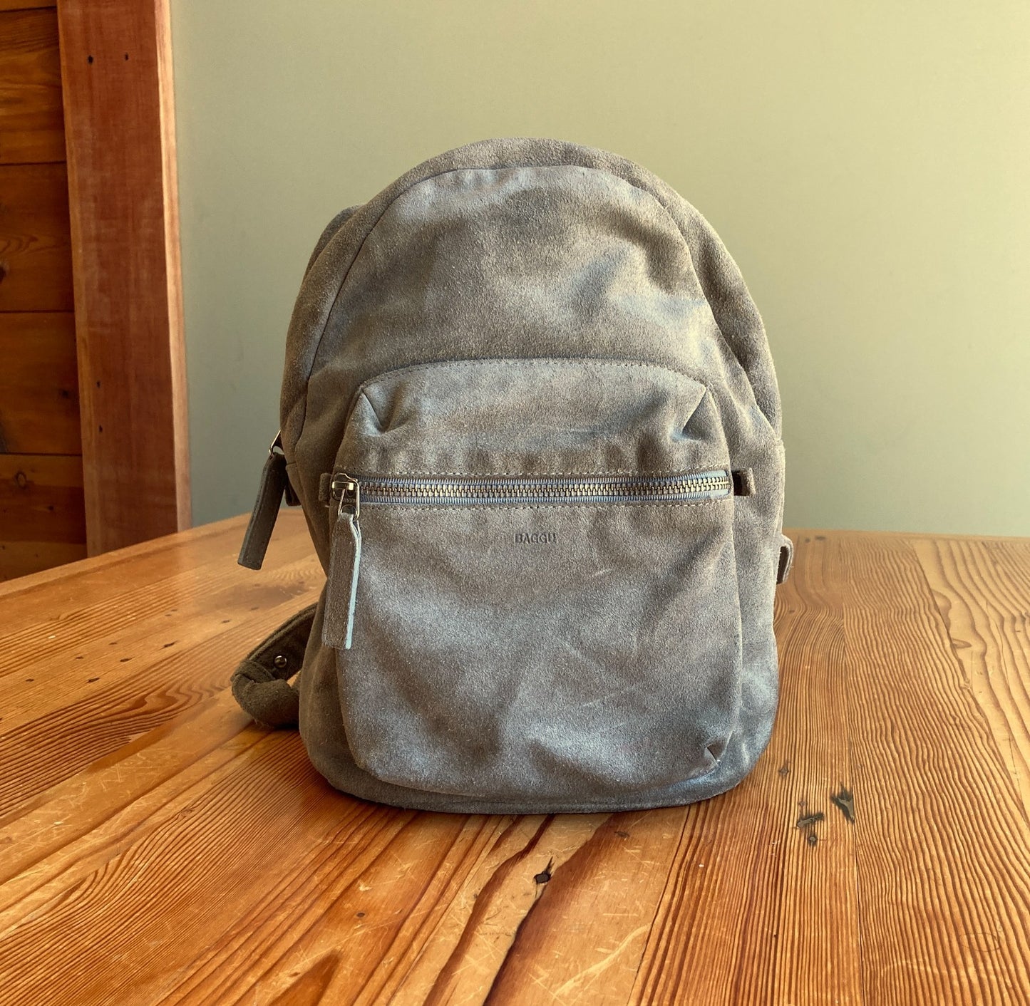 Baggu Mist Green Gray Suede Leather Mini Backpack Made in USA 0206SB