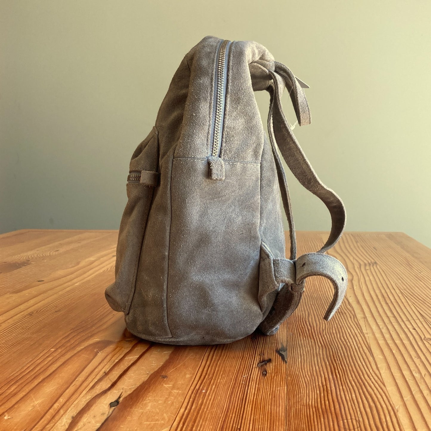 Baggu Mist Green Gray Suede Leather Mini Backpack Made in USA 0206SB