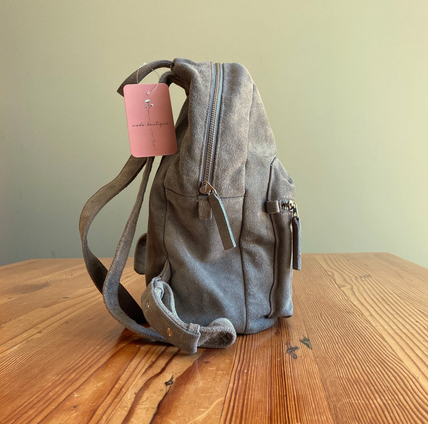 Baggu Mist Green Gray Suede Leather Mini Backpack Made in USA 0206SB