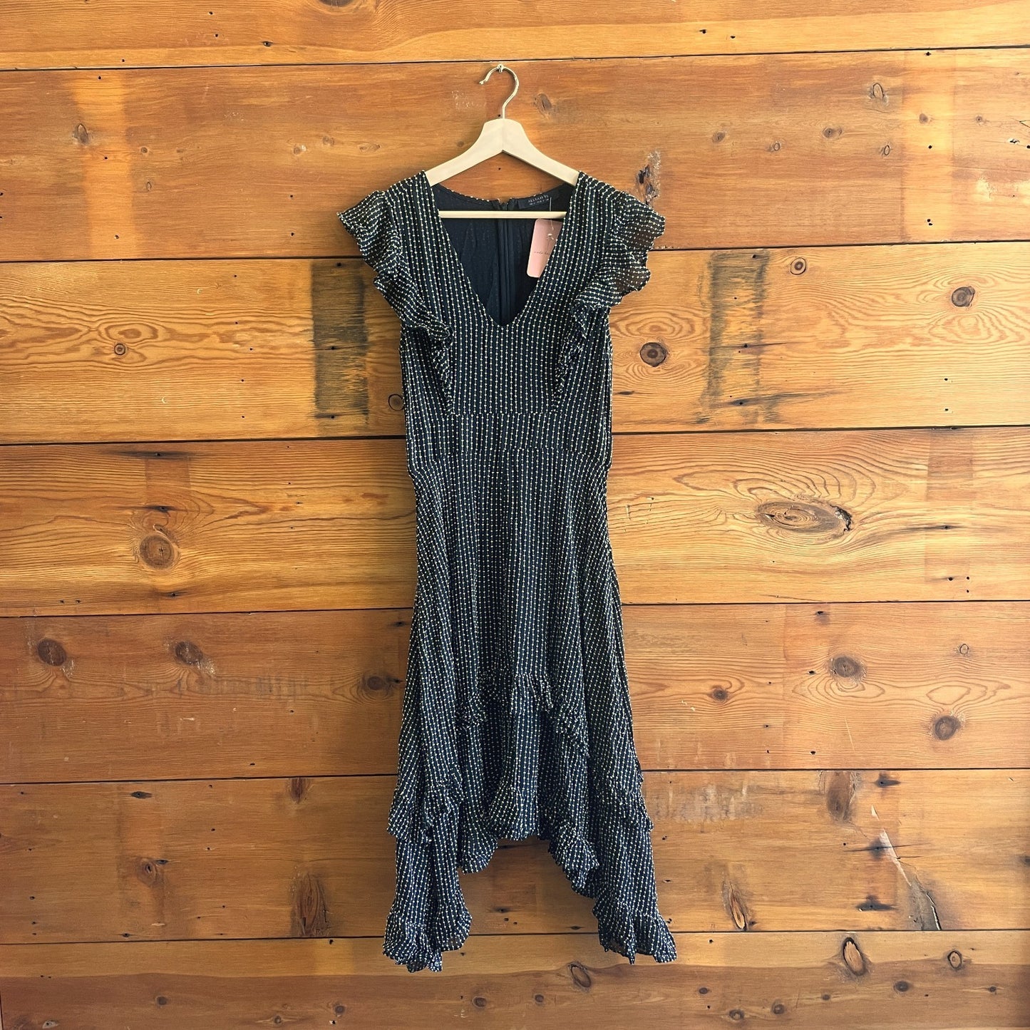 6 - AllSaints Black White Embroidered Dots Evia Ruffled Dress 0626ME