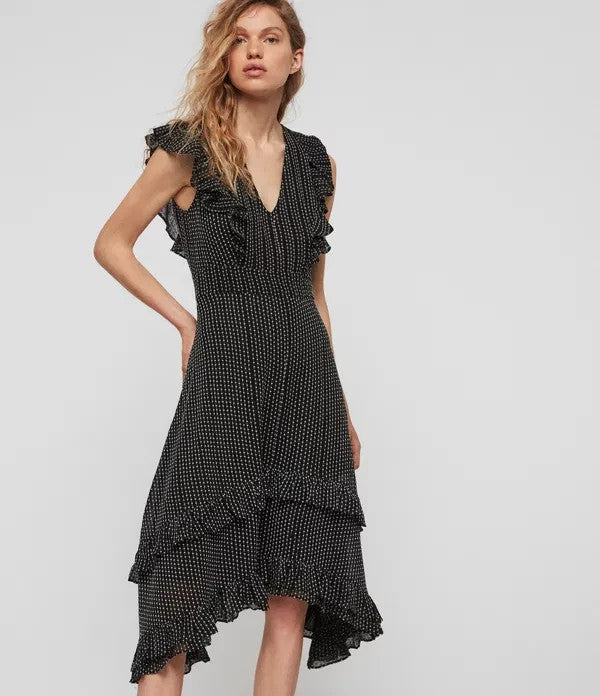 6 - AllSaints Black White Embroidered Dots Evia Ruffled Dress 0626ME