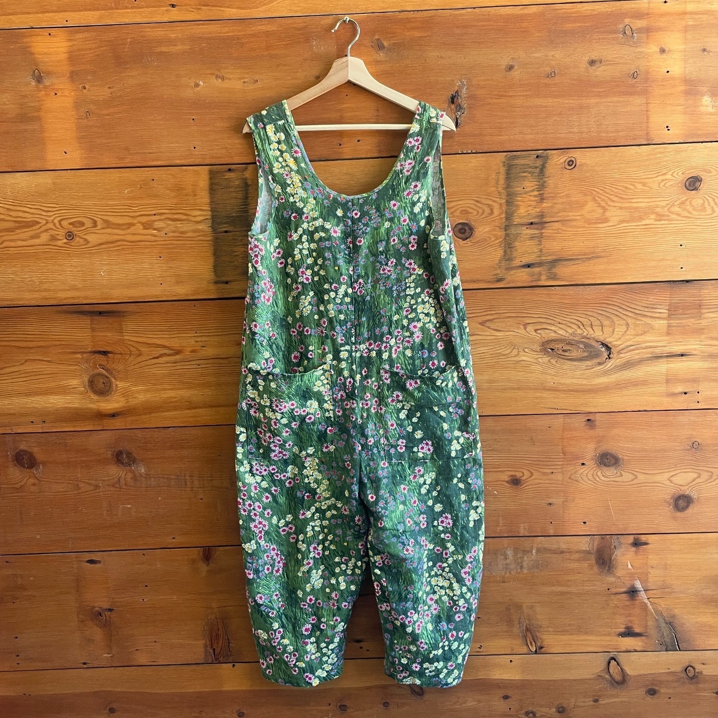 S - Nooworks Green Floral Pattern Linen Sleeveless Wide Leg Crop Jumpsuit 0806KS